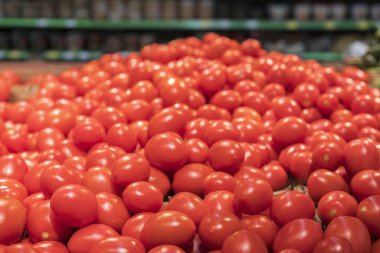Süpermarketin rafında taze ve olgun domatesler.. 