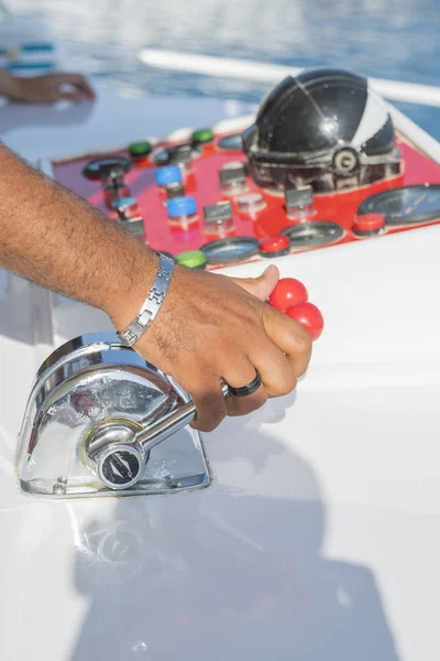Captain Helm Yacht Man Hand Driving Yacht Concept Sea Recreation — Stock Photo, Image