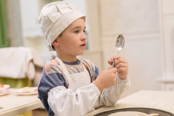 Cook Boy Little Boy White Hat Apron Kitchen — 스톡 사진