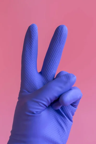 Hand Cleaning Glove Gesturing Hand Rubber Glove Pink Background — ストック写真