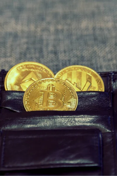 Crypto Valuta Munten Lederen Portemonnee Grijze Achtergrond Bitcoin Ethereum Litecoin — Stockfoto