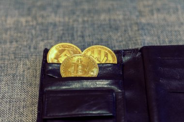 Gri arka planda deri cüzdandaki kripto para - bitcoin, ethereum, litekoin. Finansal sağlık.
