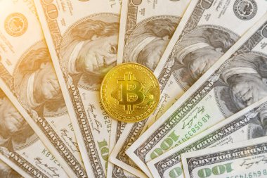 Bitcoin 'in 100 dolarlık fiziksel versiyonu. Dolar üzerinden altın bitcoin. Ayarlanmış.