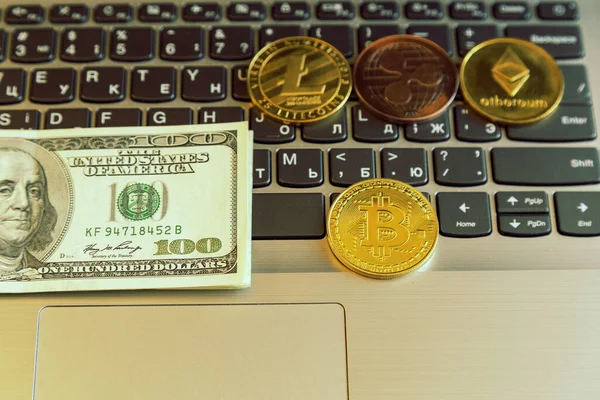 Bitcoin Munt Met Laptop Ons Dollars Bitcoin Gouden Munten Een — Stockfoto