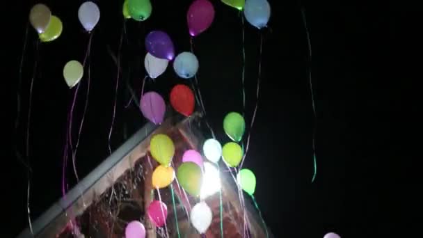Loslaten van ballonnen in de nachtelijke hemel — Stockvideo