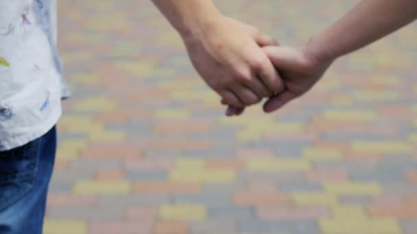 Una bambina e un ragazzo tengono per mano e corrono lungo il sentiero panoramico della spiaggia — Video Stock