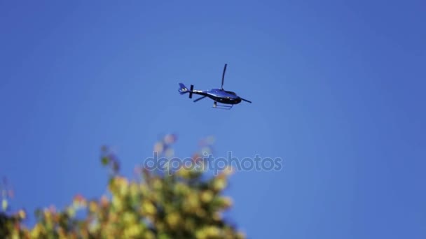 Вертоліт летить у небі. Приватний вертоліт літає на блакитному небі вдень — стокове відео