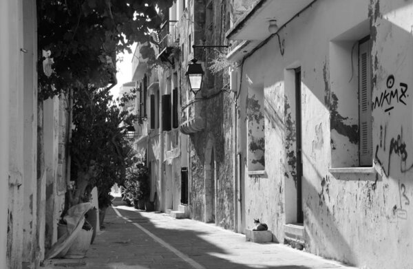 South morning in the narrow street of Rethymnon, Greece