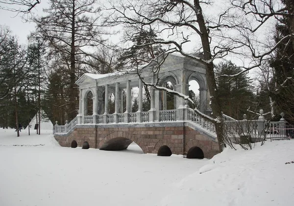 Зимнее утро и Сибирский мост в парке Екатерины — стоковое фото