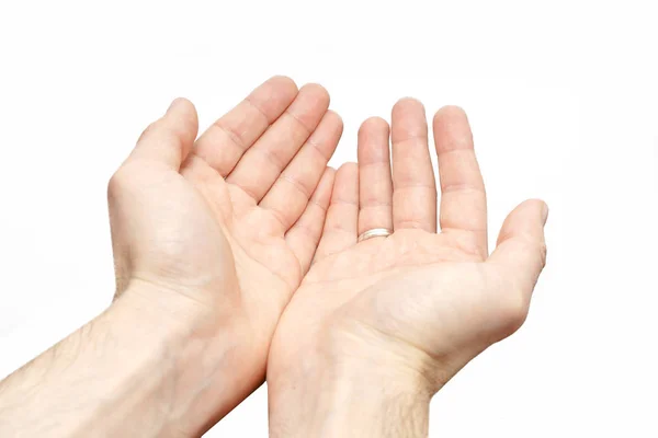 Begging sign isolated hands of a poor man on white background — Stock Photo, Image