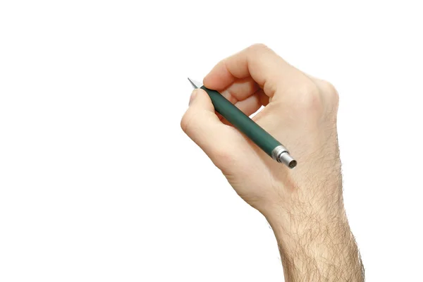 Isolerade office manlig hand med pennan skriver en idé vit bakgrund — Stockfoto