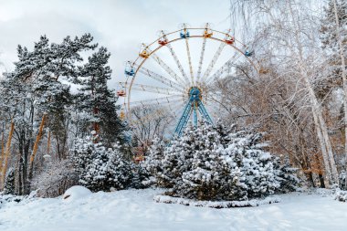 Winter park ve ferris cazibe daire içine alın. Güzel beyaz kar sahne ağaçları ile