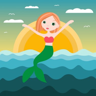 Şirin sualtı deniz kızı kız vektör Illustration. Deniz perisi fantezi. İzole karakter su mitoloji Prenses
