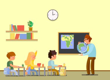 Okul ders. Küçük öğrenci ve öğretmen.