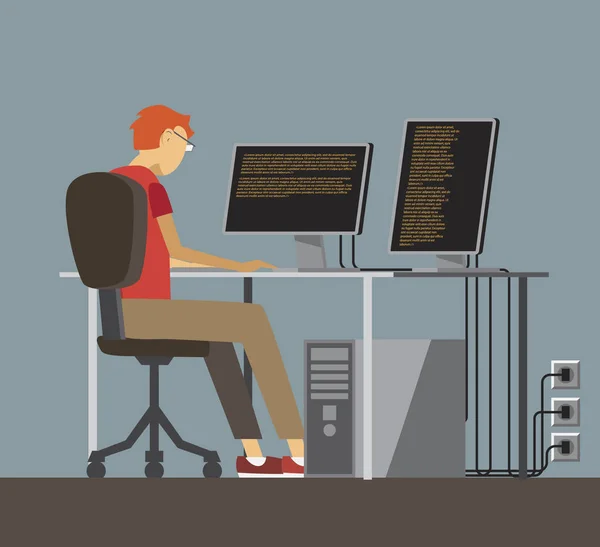 Trabalhador de escritório atrás de um desktop —  Vetores de Stock