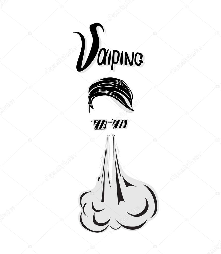 Hipster withsunglasses . smokes and produces steam, smoke cloud. Vaping. Vector illustration.