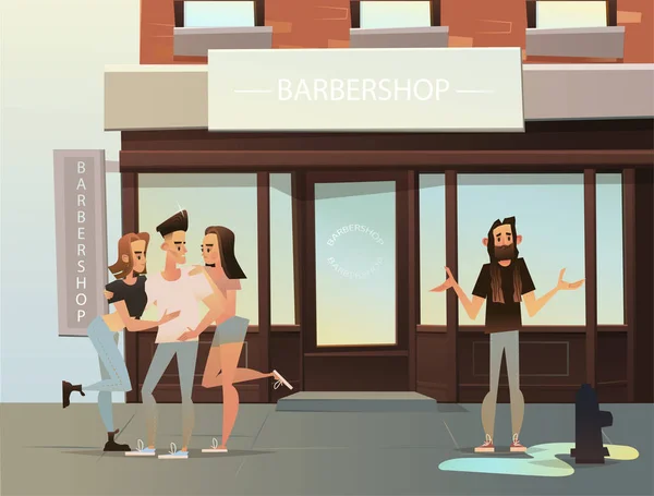 Barbeiro feliz com o cliente na barbearia —  Vetores de Stock