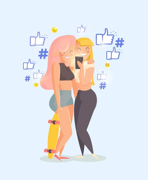 Mujeres usando gadget para redes sociales — Vector de stock