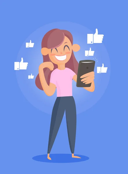 Mujer usando gadget para redes sociales — Vector de stock