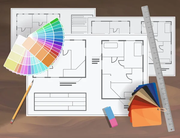 Lugar de trabajo de diseño arquitectónico con herramientas — Vector de stock