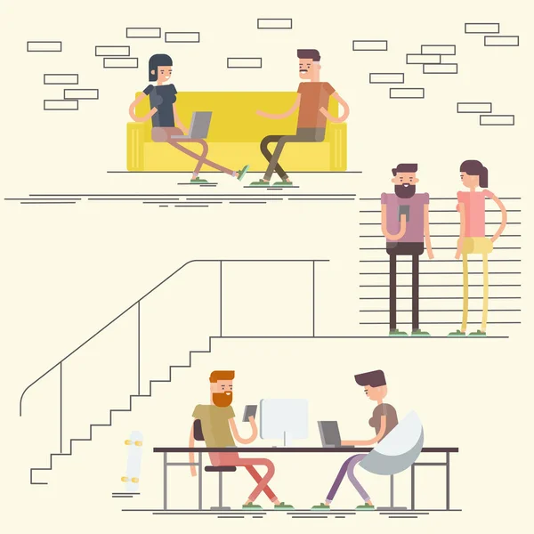 Freelancers trabajando en espacios creativos — Vector de stock