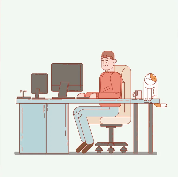 Chico personaje estudiando en un hogar con PC — Vector de stock