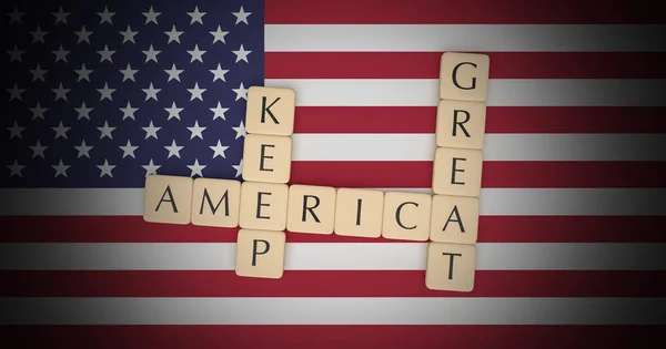 Les carreaux de lettre gardent l'Amérique grande sur le drapeau américain, illustration 3D — Photo