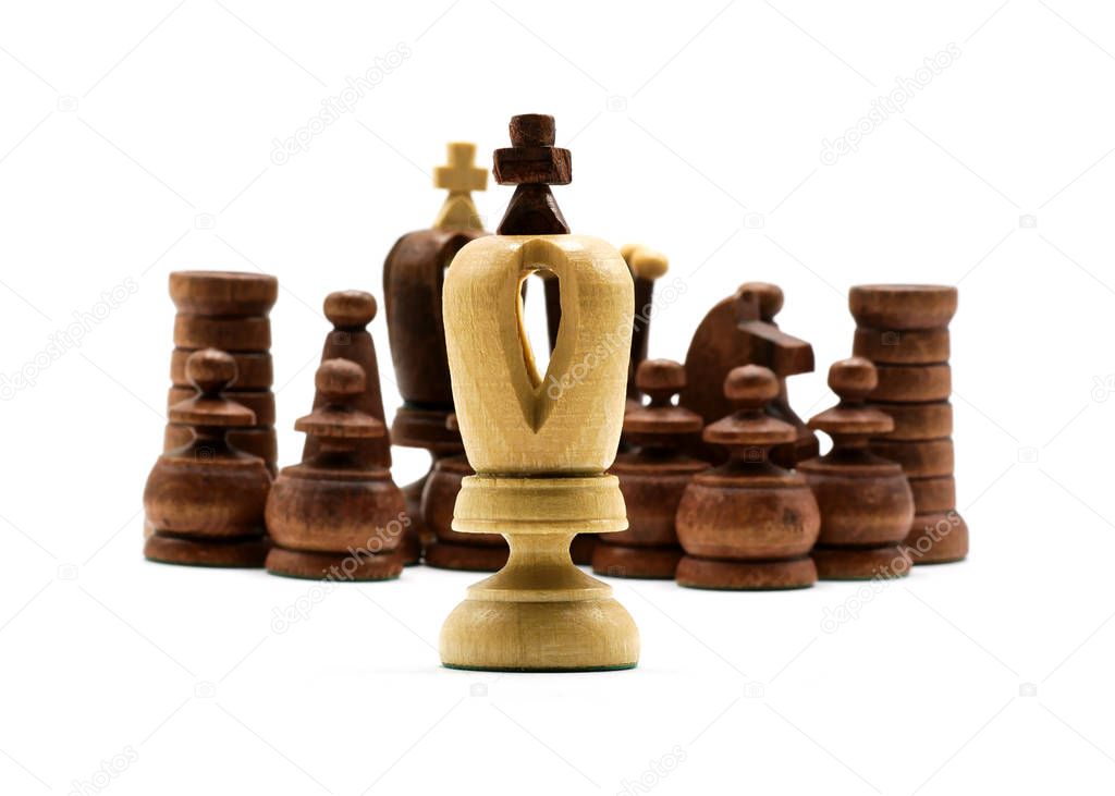 Underdog Concept: One White King Standing Against Black Chess Pieces