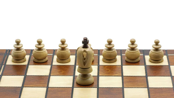 Conceito de Liderança: Pedaço de xadrez branco rei com peões — Fotografia de Stock