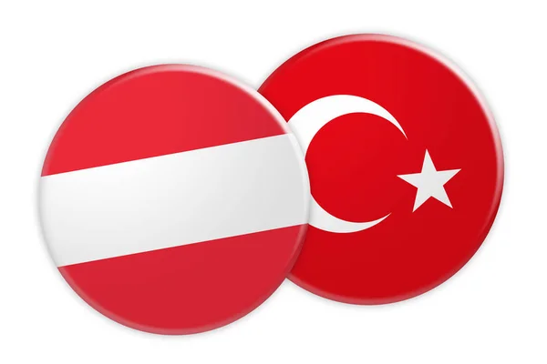 Österreich Flaggenknopf auf Türkei Flaggenknopf, 3d Abbildung auf weißem Hintergrund — Stockfoto