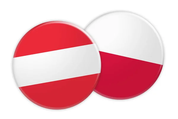 Botão de bandeira da Áustria na Polônia Botão de bandeira, ilustração 3D sobre fundo branco — Fotografia de Stock