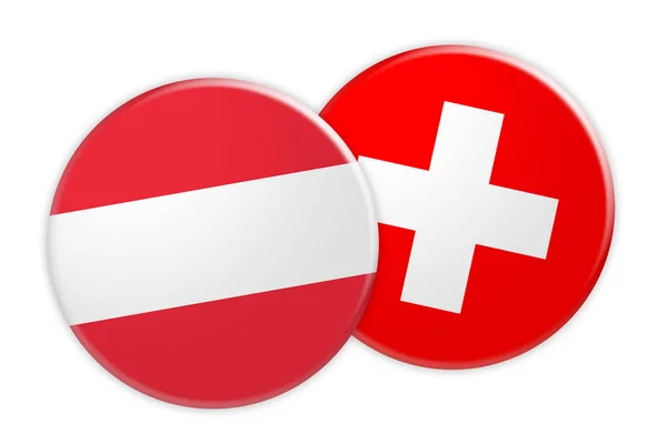 Concepto de noticias: Botón de bandera de Austria en el botón de bandera de Suiza, ilustración 3D sobre fondo blanco — Foto de Stock