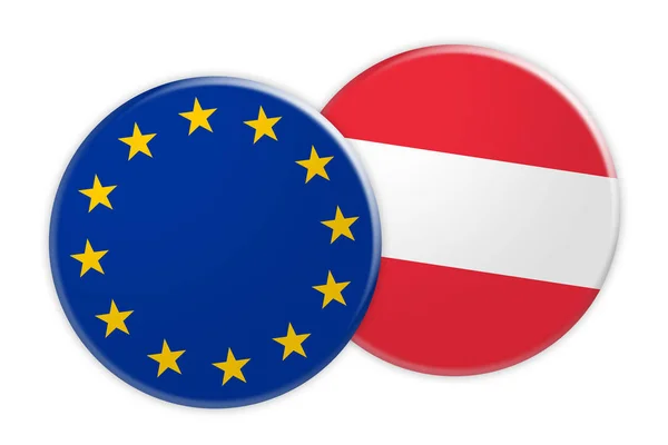 Botão de bandeira da UE na Áustria Botão de bandeira, ilustração 3D sobre fundo branco — Fotografia de Stock