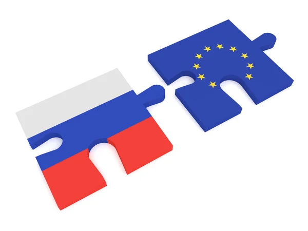 Pedaços de puzzle Bandeira russa e bandeira da UE, ilustração 3d — Fotografia de Stock