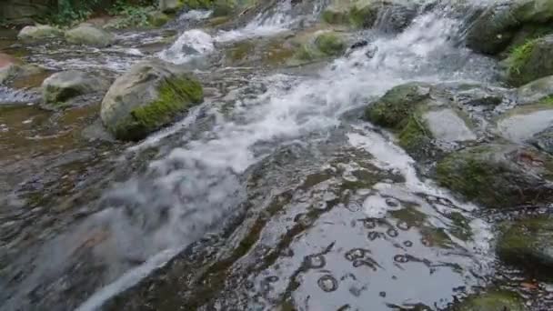 Mouvement lent d'une petite cascade avec des roches moussues 