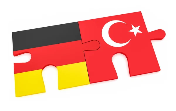Deutsche Flagge und türkische Flagge Puzzleteile, 3D-Illustration isoliert auf weißem Hintergrund — Stockfoto