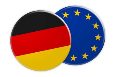 Almanya bayrağı düğmesi üzerinde AB bayrağı düğmesi, beyaz arka plan üzerinde 3d çizim
