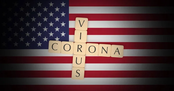 字母Tiles Coronavirus on Us Flag，3D说明 免版税图库图片