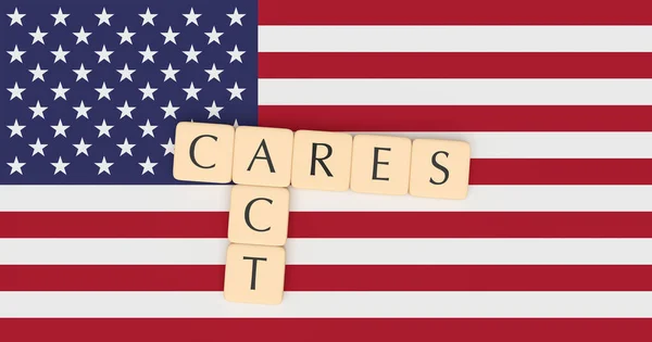 Letter Tiles CARES Act On US Flag, 3d illustration — Stock Photo, Image