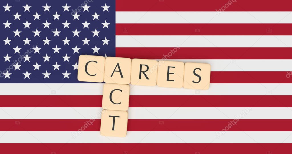 Letter Tiles CARES Act On US Flag, 3d illustration