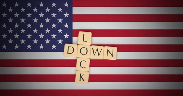 Letter Tiles Lockdown On US Flag, 3d illustration — Stock Photo, Image