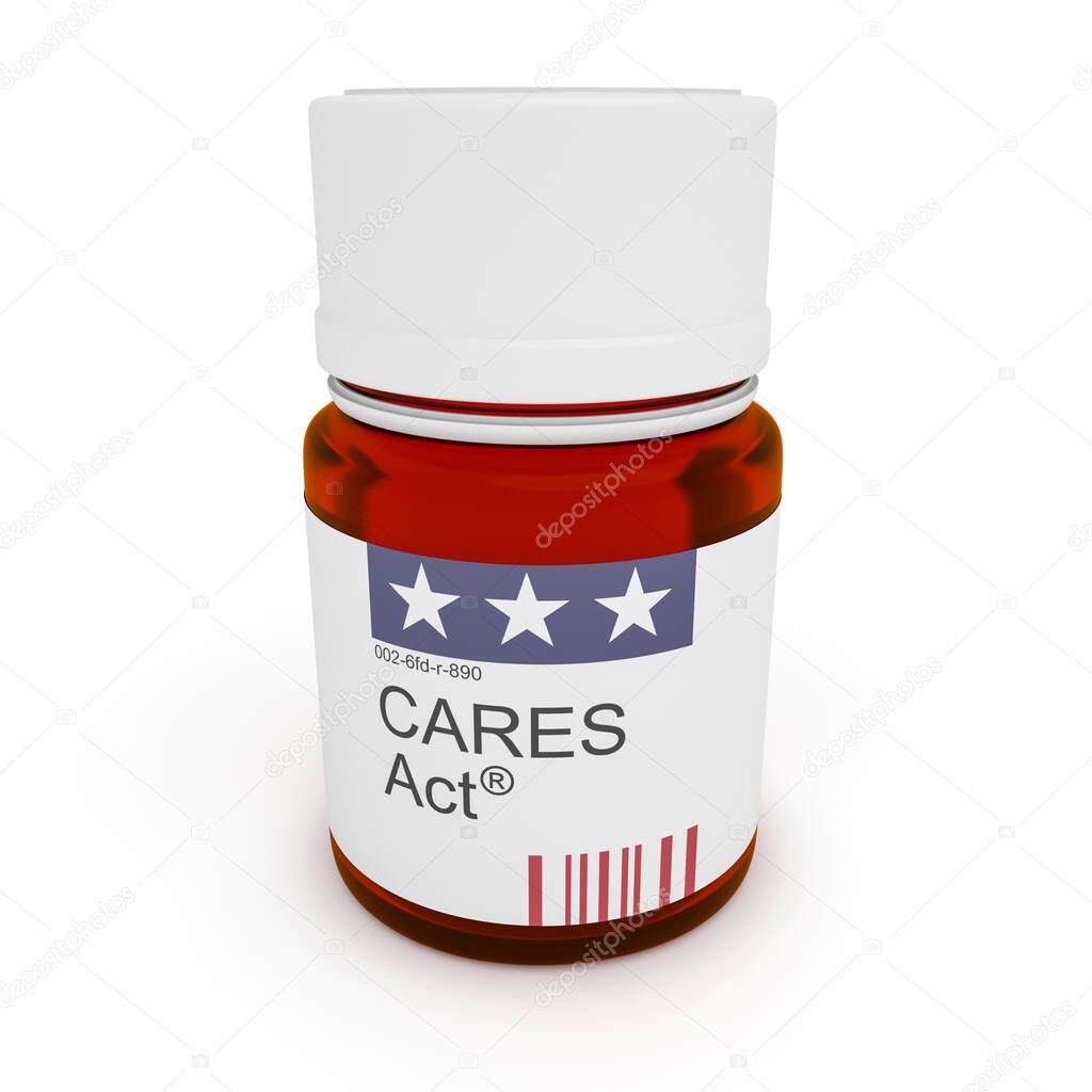 Pill Bottle: CARES Act, 3d illustration