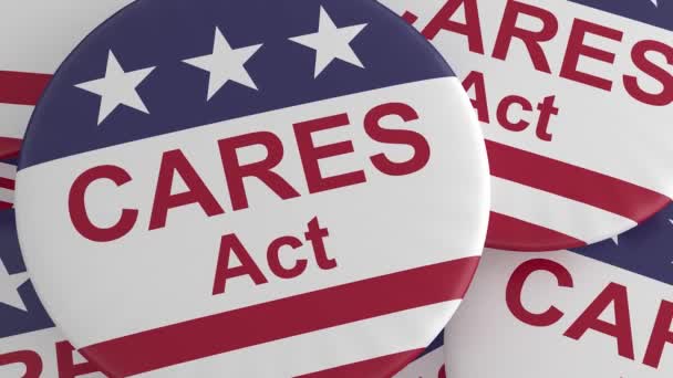 Haufen CARES Act Buttons mit US-Flagge, vergrößern — Stockvideo