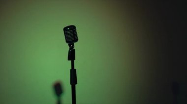 Kayıt için profesyonel konser mikrofonu ya da karanlık boş retro kulübünde seyircilerle konuşmak. Mavi spot ışıklarının parıltısı yeşil arka plandaki krom mikrofonda her saniye yanıp sönüyor..