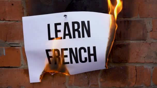 白色A4尺寸薄片上的题词 背景是橙色的砖墙 用黑字写的论文学习法语 它燃烧 然后变成灰烬 业务概念 — 图库视频影像