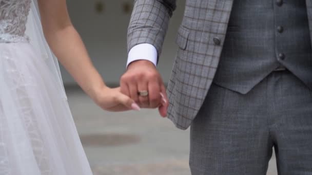 Loving Happy Married Couple Holding Hands Close Gray Background Handsome — Stock Video