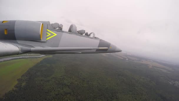 灰色のジェット練習機が暗い曇りの空に対して森の上を高く飛ぶ シャーシが開き 下がります 右側の翼を上から見る — ストック動画