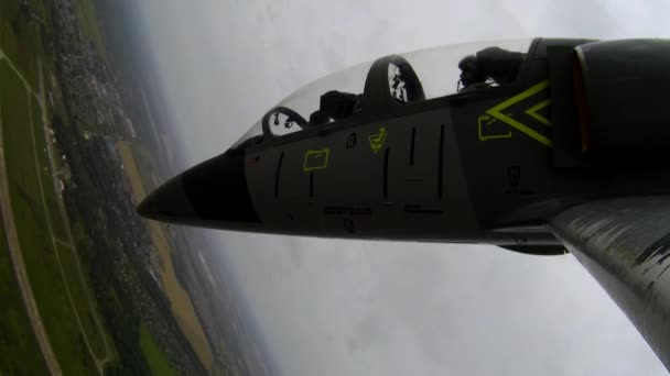 Combat Gray Blue Fighter Plane Flies Its Nose Dark Overcast — Stockvideo