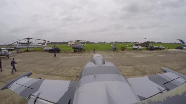 Gray Blue Fighter Training Aircraft Leaves Runway Old Airfield Cloudy — Stock Video