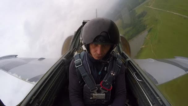 Caucasian Man Helmet Pilot Gray Training Fighter Plane Flying Control — Stock Video